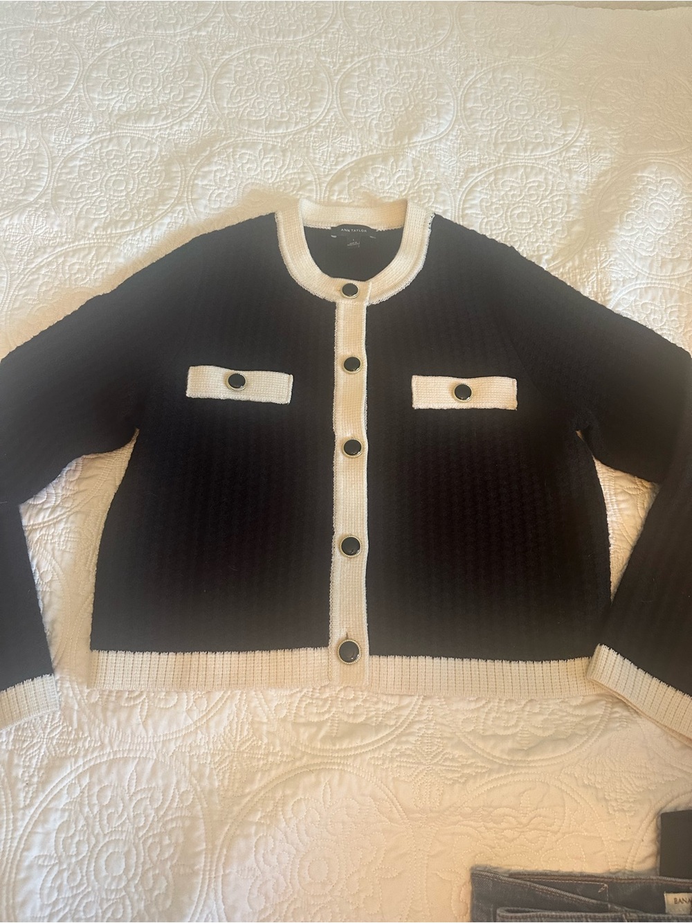 Ann Taylor Black and Cream Contrast-Trim Button Sweater Jacket - Picture 4 of 9